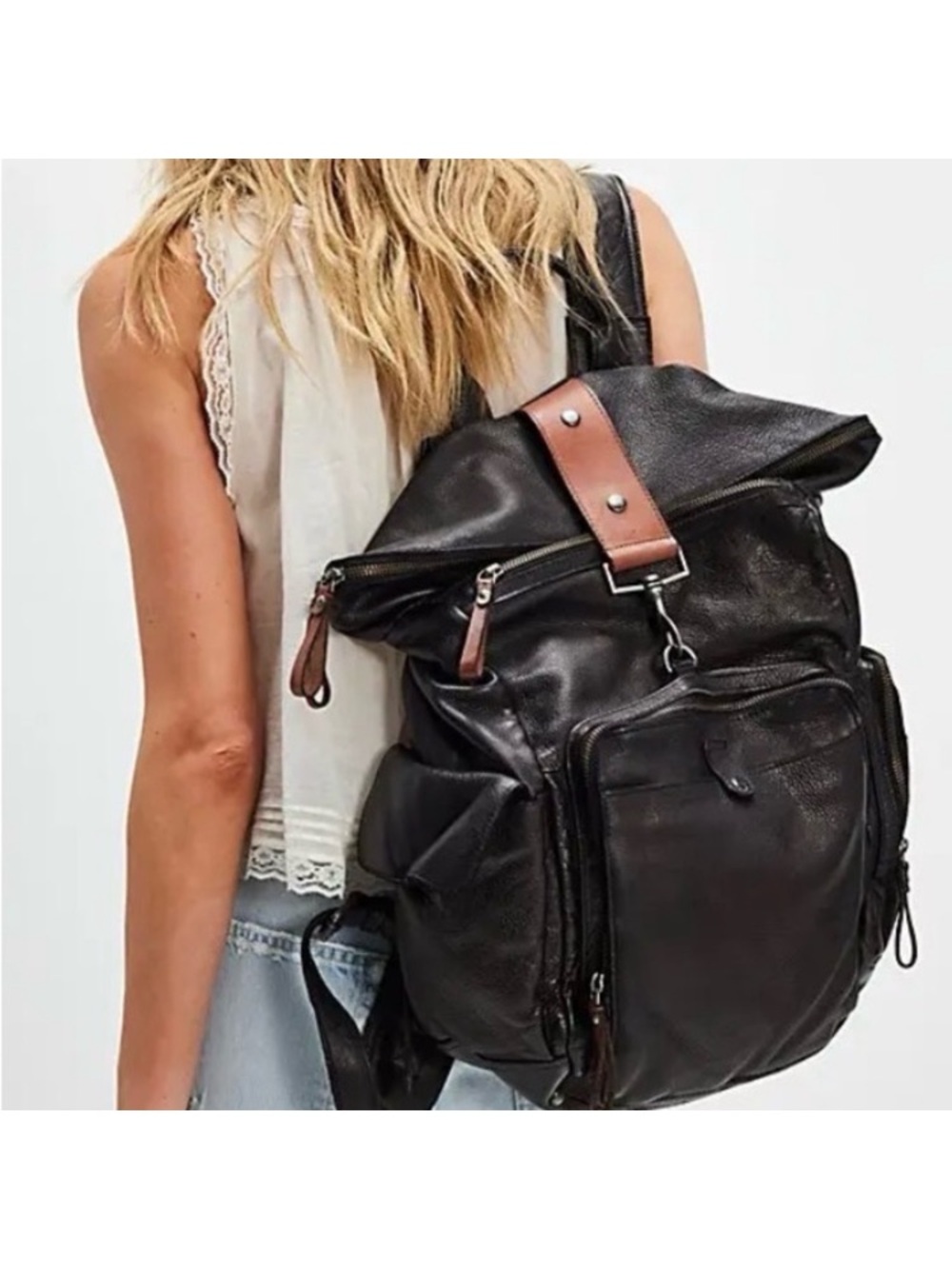 NWT FREE PEOPLE Brigade Leather Backpack in Black - Picture 3 of 10